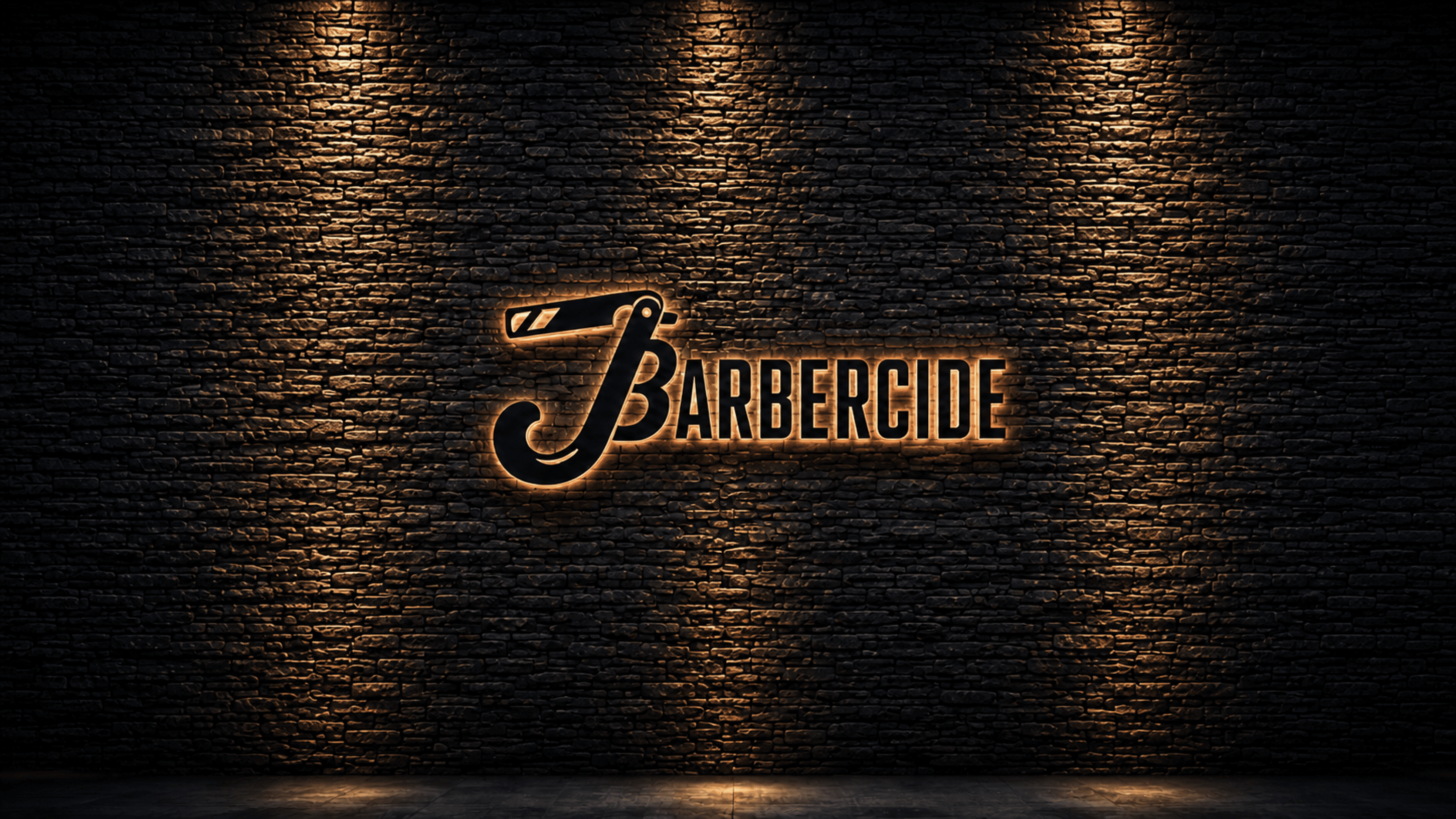 Illuminated Joe's Barbercide razor logo mounted on dark brick